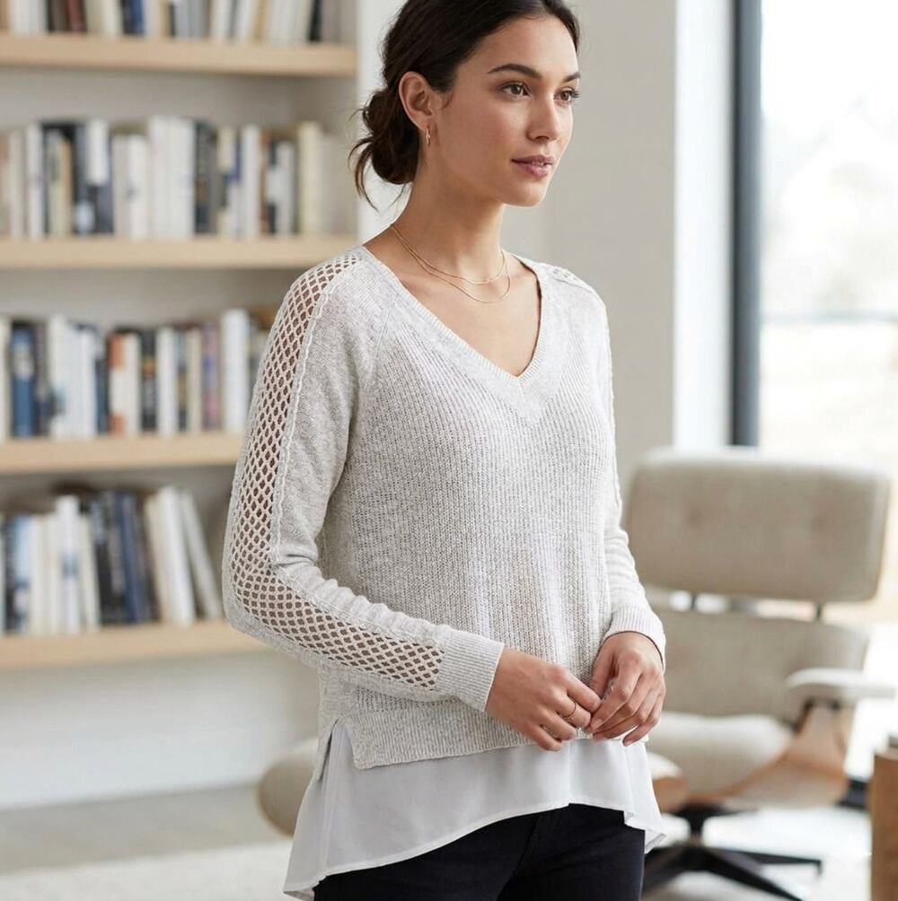 LUCKY BRAND Cream Gold Metallic Layered Crochet Sleeve V-neck Sweater Medium